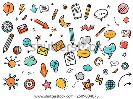 A collection of hand-drawn colorful elements. Drawings on a white background. Arrows, pencils, sunshine, speech bubble, light bulb, notepad, envelope