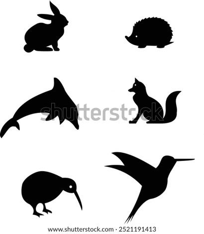 a collection of six animal silhouettes: a rabbit, a hedgehog, a fox, a kiwi, a hummingbird, and a dolphin. The animals are depicted in black against a white background, providing a simple yet striking