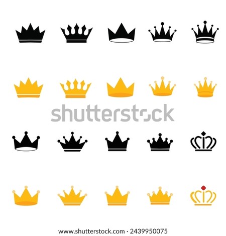 Crown icons set. King crown symbol collection. Design elements for use in logos, emblems, badges. King and Queen crowns collection.