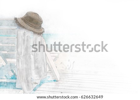 sombrero hat and White towel on white wood chair, sea background in watercolor painting.