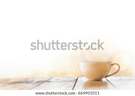 Cup of coffee on the wooden table in watercolor painting.
