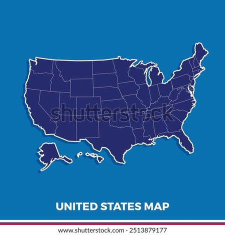 USA Map. Poster map of United States of America. Blue and white outline print of USA with states, poster or geographic, political theme. Blue and white USA states. Vector Illustration