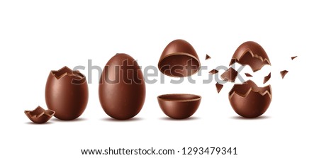 Realistic chocolate eggs set. Broken, exploded eggshell, two halves and whole chicken egg. Sweet easter holiday symbol. Vector dessert made of dark cocoa. Restaurant, cafe menu, celebration design.
