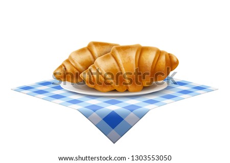 Realistic french croissant at ceramic dish at blue tablecloth. Traditional French cuisine pastry for bakery, restaurant or cafe menu design. Breakfast tasty snack, delicious gourmet vector bun.