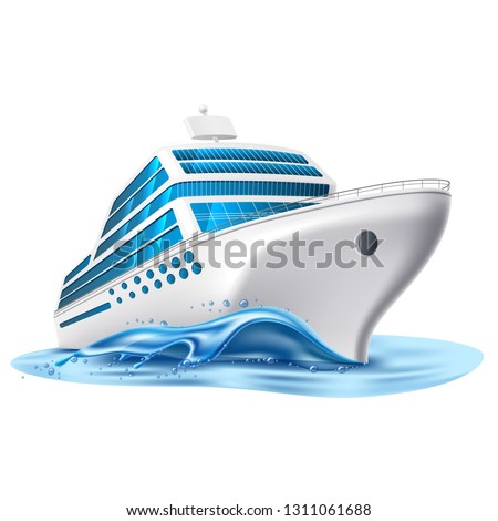 Realistic cruise liner mockup. Luxury journey transportation vessel. Voyage passenger ship, nautical symbol. Marine holiday vacation, travelling design transport. Vector illustration
