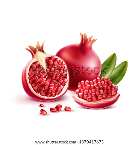 Realistic pomegranate whole, half and seeds with green leaves. Vector juicy ripe fruit for product package, menu design. Sweet tropical food full of vitamins.