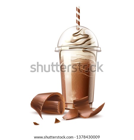 Realistic frappe coffee in disposable plastic cup with straw and chocolate slices. Vector cold coffee with cocoa topping whipped cream. Coffee milkshake cocktail Delicious dessert with chocolate flake