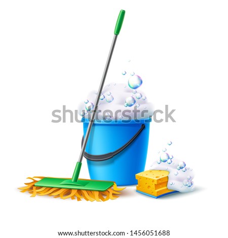 Realistic mop, sponge and bucket full of soapy foam with colorful bubbles. Floor mopping concept for housework design. Vector cleaning service banner. Domestic hygiene household chores 3d poster.