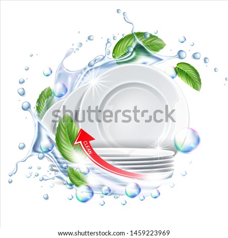 Stack of clean plates in water splash with green leaves for dishwashing detergent ad. Vector restaurant dishes mockup. Realistic dishware in liquid explosion, stacked kitchen tableware.