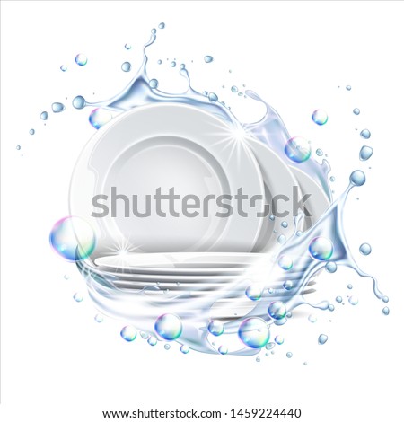 Stack of clean plates in water splash. Vector restaurant dishes mockup. Realistic dishware in liquid explosion, stacked kitchen tableware. Ceramic dishes pile. Isolated illustration