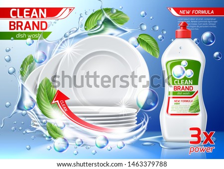 Stack of clean plates in water splash with green leaves with cleanser bottle. Realistic dishware in liquid explosion, stacked kitchen tableware for dishwashing detergent advertising design.