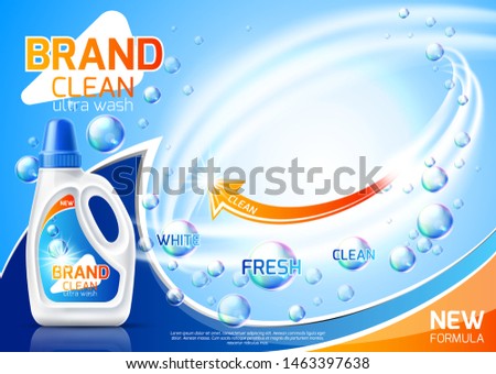 Realistic laundry detergent advertising mockup. Vector apparel cleaning product design. Cleaning molecules bubbles vortex. Branded bleach, fabric softener.