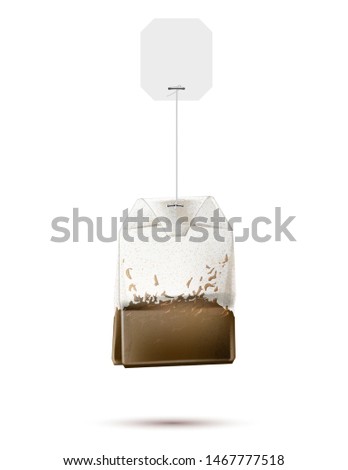 Realistic teabag with paper label. Vector traditional english beverage bag. Ceylon, green tea bag. Healthy drink product design.