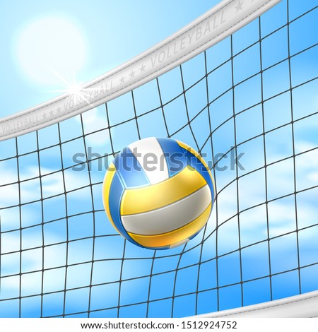 Realistic volleball in net on background of blue summer sky. Beach volleyball background template. Vector sport betting, beach volley championship design.