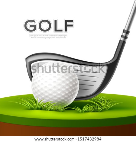 Golf tournament poster with realistic golf club, golf ball on green grass. Vector golf competition flyer design. Elite sport banner.