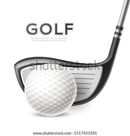 Golf tournament poster with realistic golf club, golf ball on green grass. Vector golf competition flyer design. Elite sport banner.