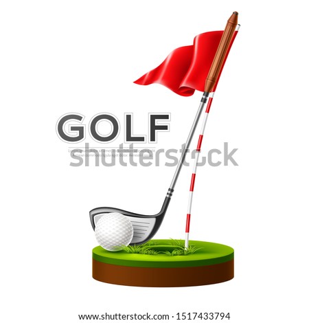 Golf tournament poster with realistic golf club, flag and golf ball on green grass. Vector golf competition flyer design. Elite sport banner.