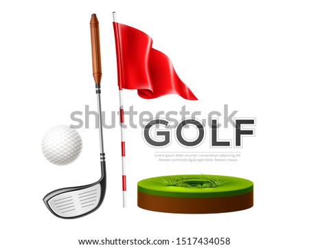 Golf tournament poster with realistic golf club, flag and golf ball on green grass. Vector golf competition flyer design. Elite sport banner.