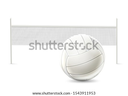 Realistic volleyball net with ball white mockup. Beach volley competition  design. Vector volley tournament decoration.