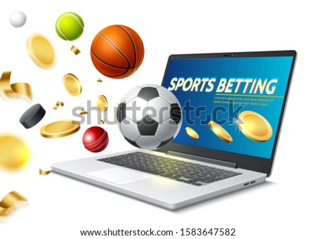 Online sports betting concept with realistic laptop with basketball, football tennis and other balls flying away from laptop screen with golden coins. Vector internet betting mobile application.