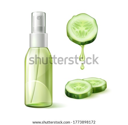 Vector realistic cucumber moisturizer lotion with cucumber sliced circles with dripping green liquid. Organic face and skin care cosmetics product design. Natural essece for beauty and wellness