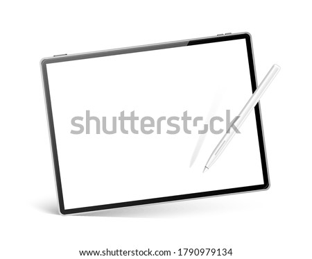 Realistic framaless tablet computer with white pen for digital art and sketching mockup. Vector blank tablet pc with stylus pad. 3d mobile gadget with touch screen. Empty screen device for multimedia.