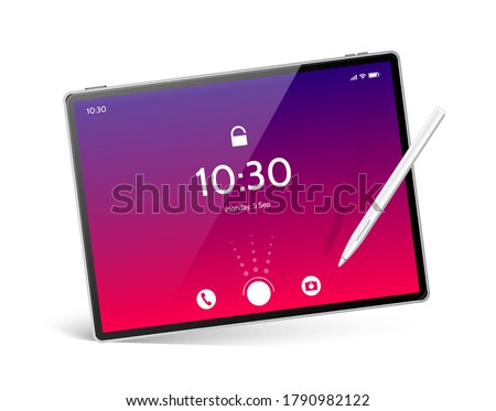 Realistic frameless tablet  with white pen for digital art and sketching mockup. Vector tablet pc with no brand. 3d mobile gadget with bright red blue color touch screen. Digital device for multimedia