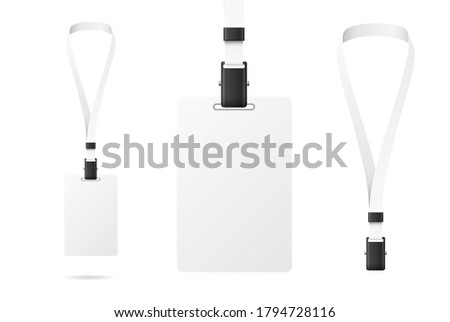 Realistic idendification badge blank mockup. Vector white accreditation ID card with ribbon. Security plastic tag, hanging conference pass id. Vip access id with lanyard for brand identity design.