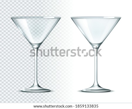 Vector realistic martini glass on transparent background. Luxury restaurant glassware for alcohol drinks. Empty classic glasses for holiday celebration. Alcohol cocktail glass.