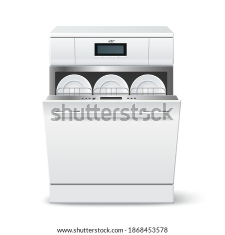 Vector realistic kitchen dishwasher loaded with clean plates. Modern household appliance dish washing machine with digital display interface. Kitchen interior element.