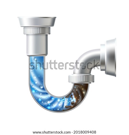 Vector realistic drain pipe clogged with mud. Sink pipe with liquid cleaning detergent effect. Silver sewerage siphone with clog. Foto stock © 