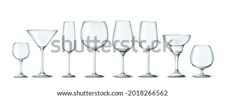 Vector realistic wine, cocktail, margarita, brandy, champagne martini glass on transparent background. Luxury restaurant glassware for alcohol drinks. Empty classic glasses for holiday celebration.