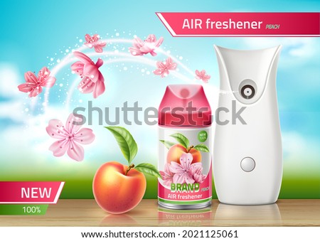 Vector realistic automatic air freshener ad. Spray deodorant with peach scent on rural fresh background. Aerosol dispenser sprayer for product brand ad design.