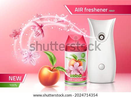 Vector realistic automatic air freshener ad. Spray deodorant with peach scent with exotic flowers, peach fruit background. Aerosol dispenser sprayer for product brand ad design.