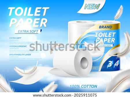 Vector realistic toilet paper roll package in wrapping with branding and white feathers. Lavoratory hygiene product mockup. Restroom soft touch toilet paper.