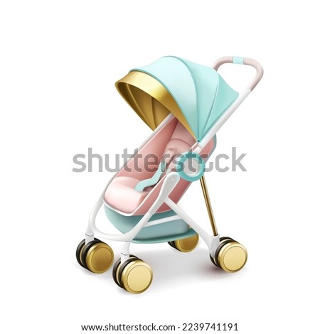 Vector realistic pink blue baby stroller transformer isolated. Toddler baby buggy detailed 3d render. Luxury modern newborn kids pram, carriage.