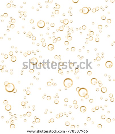 Vector realistic soda, champagne carbonated drink with bubbles close up illustration. Golden CO sparklings on white isolated background. Poster, banner design element
