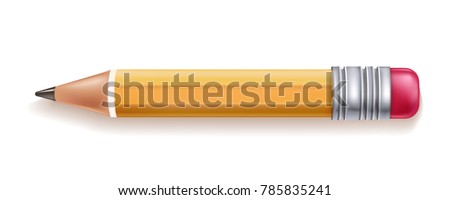 Vector realistic yellow wooden pencil with rubber eraser. Sharpened detailed office mockup, school instrument, creativity, idea, education and design symbol. Isolated illustration, white background.
