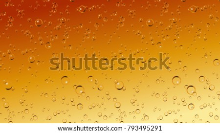 Vector realistic beer soda, champagne carbonated drink with bubbles close up illustration. Golden CO sparklings on orange background. Poster, banner design element