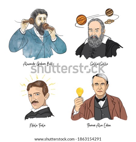 Portraits of famous scientist. Graham Bell, Galileo Galilei, Nikola Tesla, Thomas Alva Edison