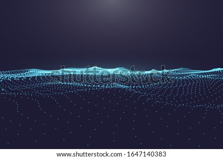 Abstract digital ocean with flowing particles and upper light. Cyber or technology background.Vector illustration.