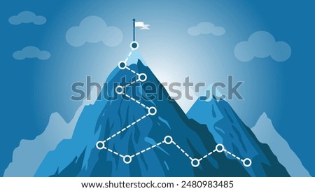 Mountain progression path. Climbing progress route, mountain peak overcoming, mountain climbing path with red flag on top vector illustration. Way path infographic, progress way to peak