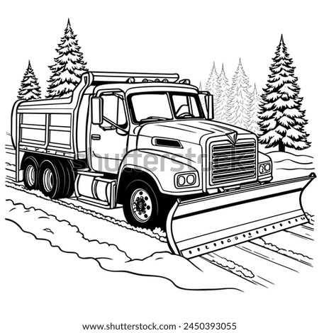 black and white outline art colouring book pages snow plow truck with a blade for clearing snow on the roads  Winter Wonderland Coloring page: Snow Plow Truck Vector Outline Page Printable