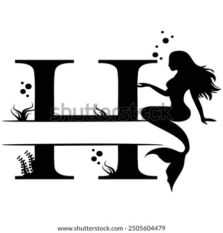 Elegant Mermaid Monogram 'H' Design Underwater Fantasy Silhouette Art design. Alphabet H template, vector stock
