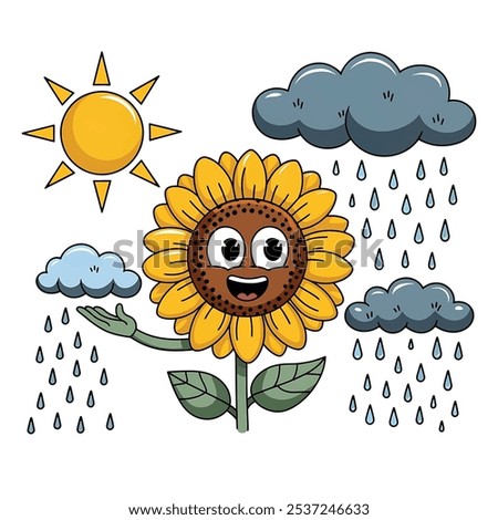 Happy Sunflower with Sun and Rain Clouds – Whimsical Vector Design
Bright Sunflower in Mixed Weather – Cartoon Style Vector Image
Sunflower with Sun, Clouds, and Rain – Adorable Cartoon Illustration