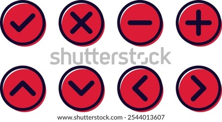 Arrows and math signs collection, Flat vector symbols, add subtract up down left right.