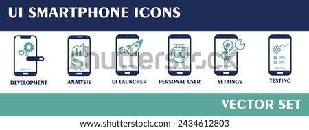 UI Smartphone icons. Containing Development, UI Launcher, Personal User, Settings, Testing, Analysis. Flat Design Vector.  