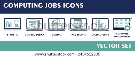 Computing Job Icons. Containing Statistic, Graphic Design, Coding, Web Secure, Digital Verify, Software Development. Flat Design Vector Set.  