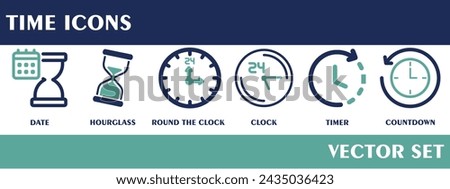 Time icons. Containing date, hourglass, clock, round the clock, timer, countdown. Vector set. 600 px X 600 px icon. 
