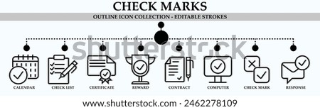 Check marks line icon collection. Containing icons of calendar, check list, certificate, reward, contract, computer and more. Linear icon collection. Editable stroke. Vector illustration